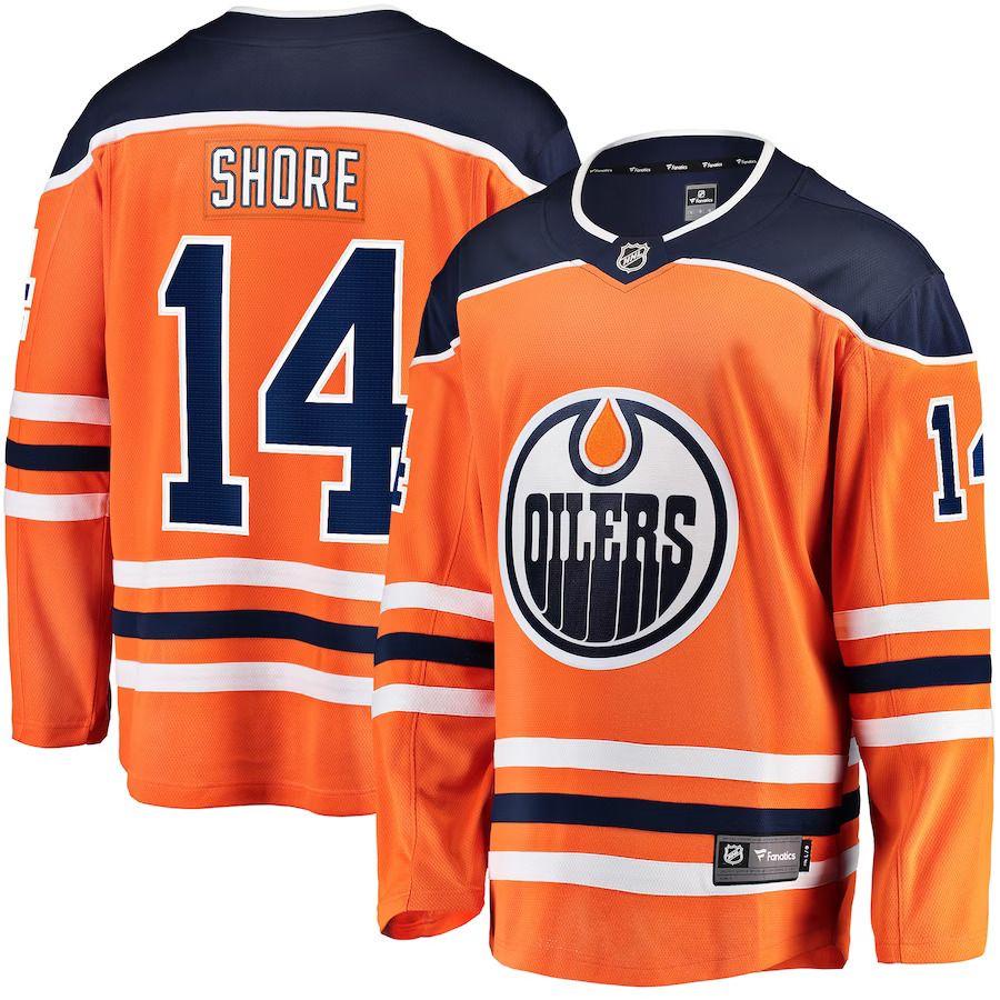 Men Edmonton Oilers 14 Devin Shore Fanatics Branded Orange Home Breakaway Player NHL Jersey